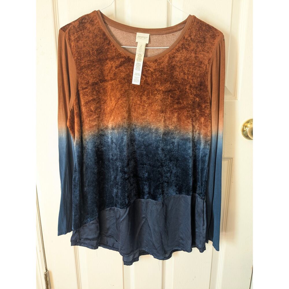 Zenergy Mixed Media Brown Blue Velour Long Sleeve Tunic 2 Large Top Casual Shirt